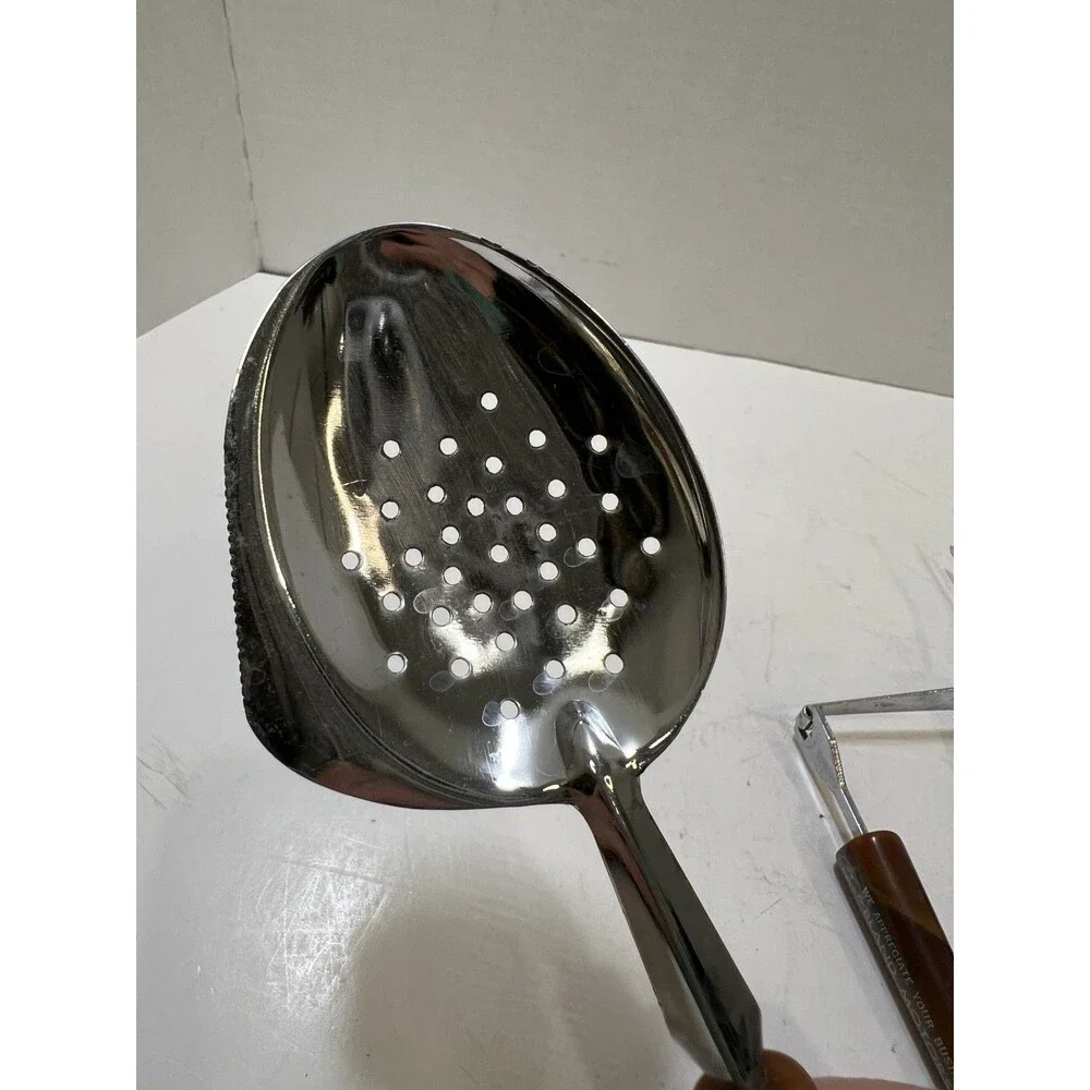 Slotted Skimmer Spoon side Knife Stainless Steel handle Vintage Brown Bakelite
